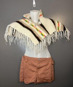 Vintage Wool Poncho Womens Small Southwestern Striped Fringed Collar 80s
